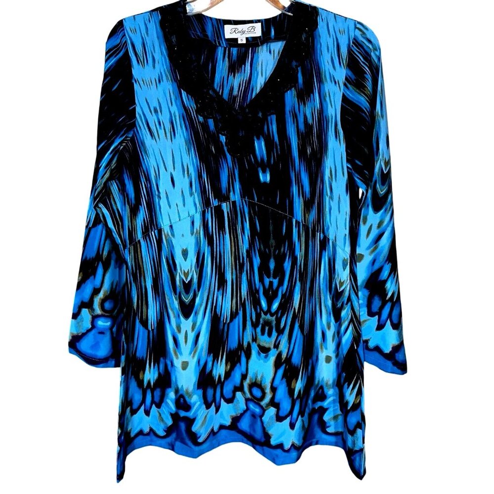 Ruby B Boho Watercolor Tunic Mini Dress Blue Artsy Print India-Made Size S